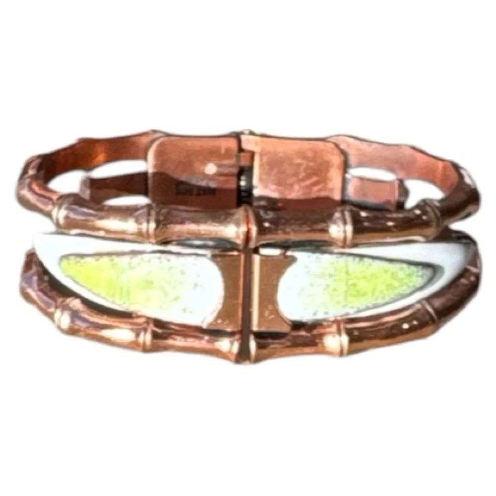 VTG MCM Matisse Renoir Copper Enamel Gold, Green, White Bamboo-Inspired Bracelet